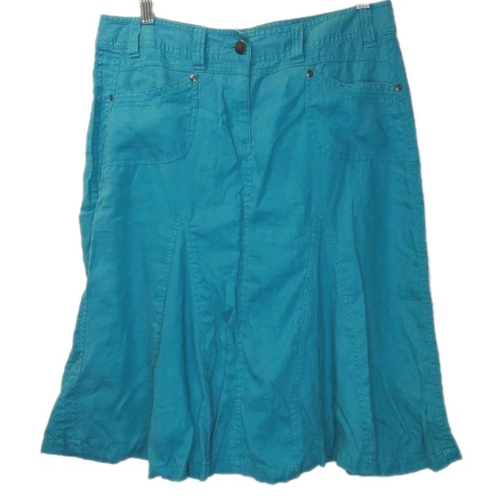 Marks Spencer Jade Flax Skirt Woman Large Turquoise Patch Pocket Pleated Coastal